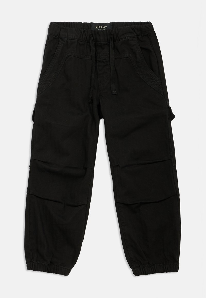 Calças cargo pretas em algodão, com uma cintura elástica com cordão, bolsos laterais e punhos ajustados.