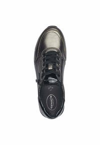 Schwarzer und metallischer Sneaker mit runder Zehenpartie, Schnürdesign und seitlichem Reißverschluss. Verfügt über einen gepolsterten Kragen und strukturierte Stoffüberzüge.