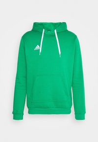 Sudadera con capucha verde, hecha de una mezcla de algodón, con un bolsillo tipo canguro, cordones blancos y un pequeño logotipo blanco en el pecho.