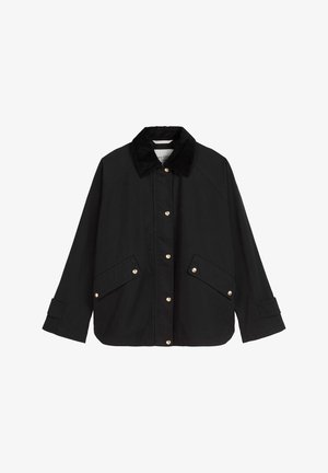 Giubbotto nero con colletto in velluto a coste, chiusura con bottoni a pressione, maniche lunghe e due tasche anteriori a patta con bottoni dorati.