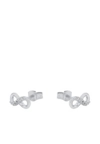 Orecchini a perno a forma di infinito in argento, con piccole cristalli trasparenti incastonati su un lato, fissati con chiusure a pressione.