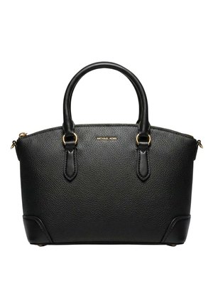 Schwarze Handtasche aus strukturiertem Leder mit doppelten Henkel, goldfarbenen Beschlägen und kleinem goldfarbenem „Michael Kors“-Logo, das mittig zwischen den Henkeln angebracht ist.