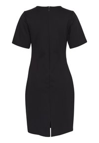 Robe noire à manches courtes, design ajusté, fermeture éclair au dos et fente en bas. Fabriquée dans un tissu lisse et élégant.