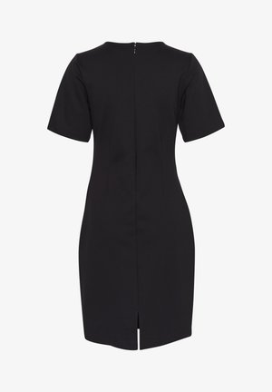 Black dress with short sleeves, fitted design, back zipper closure, and a slit detail at the bottom. Made from a smooth, sleek fabric.