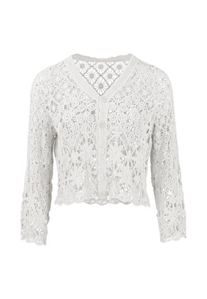 Weißer gehäkelter Spitzen-Cardigan mit Blumenmustern, V-Ausschnitt, langen Ärmeln und Knöpfen vorne.