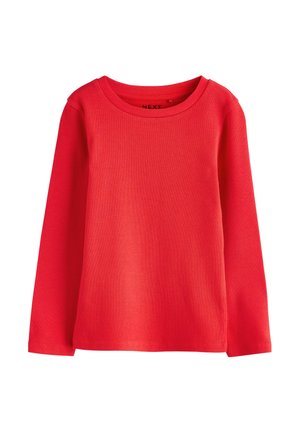 Rotes langärmliges Shirt aus geripptem Stoff mit rundem Hals. Hat eine einfarbige Gestaltung und einen geraden Schnitt, ohne Muster oder Verzierungen.