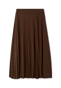 Gonna plissettata marrone con vita alta, realizzata in tessuto morbido. Presenta pieghe verticali e un design fluido.