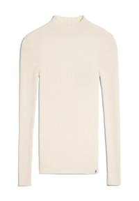 Rippener Langarm-Turtleneck in Elfenbein. Verfügt über ein figurbetontes Design und eine weiche Textur mit einem dezenten Logoakzent am Saum.