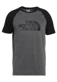 Gray short-sleeve t-shirt with black raglan sleeves, featuring a large black logo "THE NORTH FACE" on the front. Made of cotton blend.