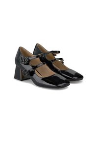 Chaussures Mary Jane en cuir verni noir avec un bout carré, une conception à deux sangles et un talon carré texturé. Surface lisse avec une finition brillante.