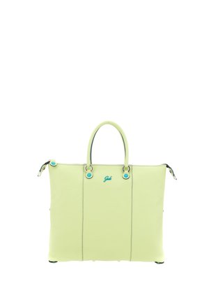 Borsa a mano rettangolare in pelle verde chiaro con due manici, dettagli a bottone blu e piccolo logo blu al centro davanti.