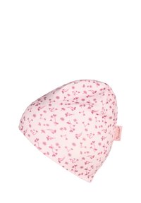 Soft pink baby hat with small dark pink floral patterns and a branded fabric tag on the side.