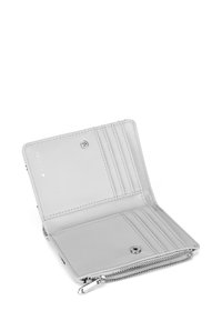 Graue synthetische Geldbörse mit Druckknopfverschluss, ausgestattet mit Kartenfächern und einem Reißverschlussfach. Glatte Textur, minimalistisches Design.