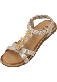 Sandaal met banden, uitgevoerd in metallic zilveren bovenwerk, gevlochten ontwerp, decoratieve gele bloemaccenten en een gepolsterde, bruine binnenzool.