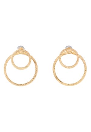 Boucles d'oreilles en or, en forme de créoles, présentant deux cercles entrelacés avec un fini texturé. Conçues avec un arrière lisse et sécurisé.