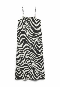 Robe à rayures zèbre noir et blanc avec des fines bretelles spaghetti, longueur genoux, en tissu texturé et au drapé lisse.