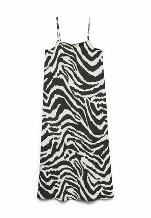 Juodai baltas dryžuotas suknelė su plonyčiais petnešomis, iki kelių ilgio, pagaminta iš tekstūruoto audinio ir su lygiu kritimu.