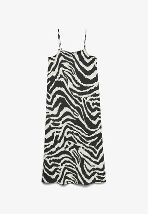 Juodai baltas dryžuotas suknelė su plonyčiais petnešomis, iki kelių ilgio, pagaminta iš tekstūruoto audinio ir su lygiu kritimu.