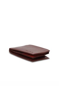 Brown leather wallet with a smooth finish, featuring multiple card slots and a fold-over design for compact storage.
