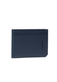 Tarjetero de piel azul marino con textura suave, con apertura lateral y costuras mínimas. Diseño rectangular compacto.