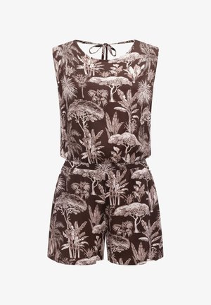 Brun ærmeløs romper med hvidt tropisk træ- og planteprint, elastisk talje og ryg med bindesløjfe ved halsen.