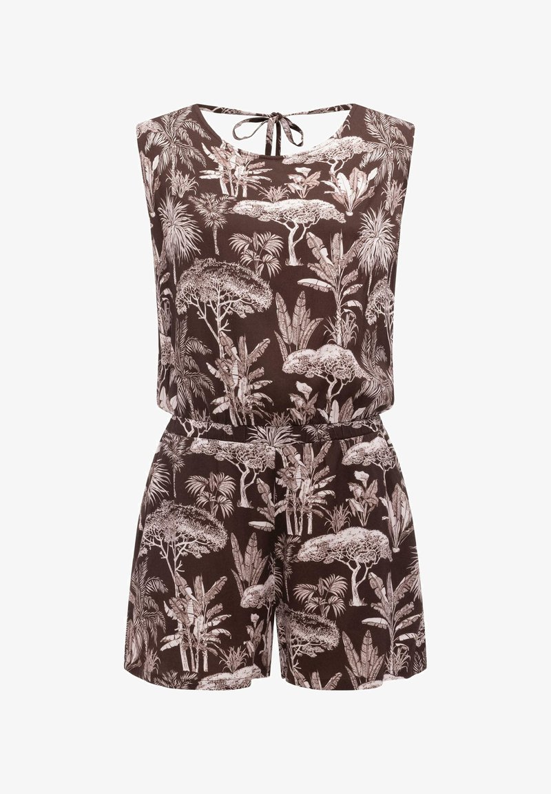Brun ermeløs romper med hvitt tropisk tre- og planteprint, elastisk midje og knyting i nakken bak.