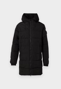 Black, long puffer jacket with a hood, featuring a full-length zipper, elastic cuffs, and quilted design for insulation.
