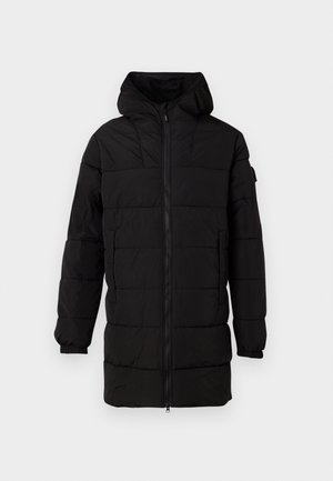 Svart, lang puffjakke med hette, med hel lengde glidelås, elastiske mansjetter og quiltet design for isolasjon.