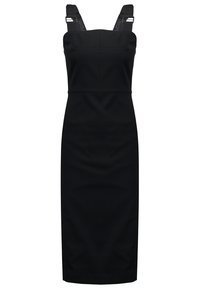 Czarna midi sukienka z kwadratowym dekoltem, szerokimi markowymi ramiączkami z detalami klamry oraz dopasowanym krojem.