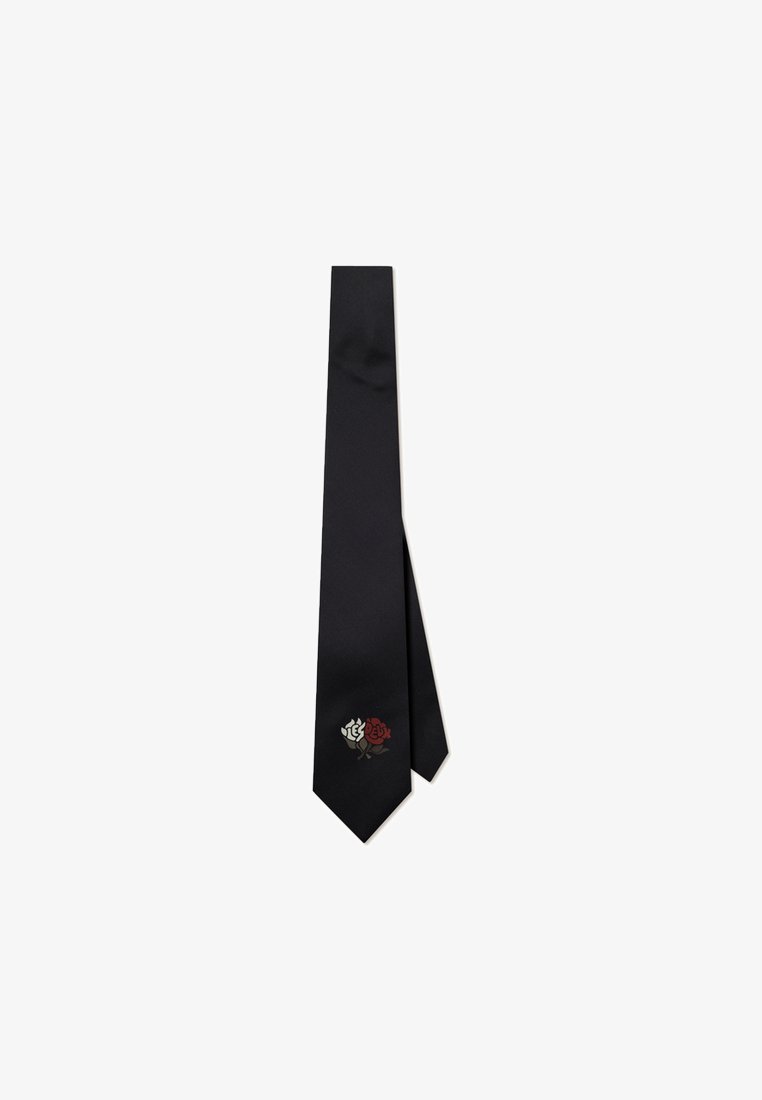 Cravatta in seta nera con un design stretto; presenta rose rosse e bianche ricamate sulla punta. Texture liscia, forma classica.