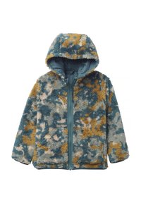 Giacca in pelliccia sintetica nei colori teal, beige e un motivo camouflage giallo senape; presenta una chiusura con zip frontale e cappuccio; texture morbida con una vestibilità rilassata.