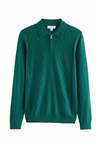 Grüner gestrickter Pullover mit langen Ärmeln, einem Reißverschlusskragen und einem Rautenmuster auf der Brust, gefertigt aus einem weichen Material.