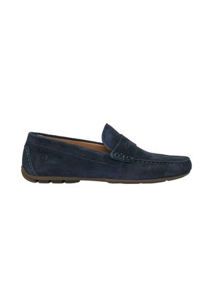 Navy blue suede men's loafer with stitched detailing, penny strap, and brown rubber sole.