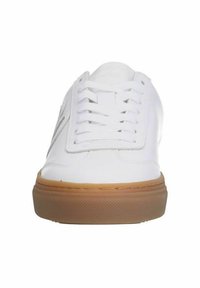 White sneakers with a smooth leather upper, round toe, six eyelet lace-up front, and a light brown rubber sole. Minimal design with side accents.