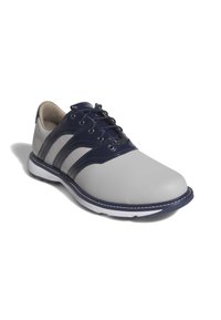 Šedé a námořnické kožené boty s kulatou špičkou, kontrastními postranními pruhy, šněrováním vpředu, polstrovaným límcem a bílou gumovou podrážkou s texturovaným detailem.