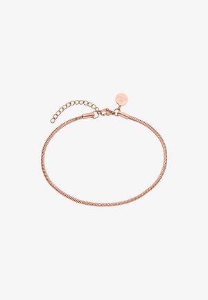 Rose gold bracelet with a twisted design, featuring a secure clasp, adjustable chain, and a small round tag. Smooth metal texture.