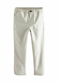 Pantalons gris clair avec une taille élastique, des poches avant et un détail en bouton à la taille, fabriqués dans un tissu texturé.