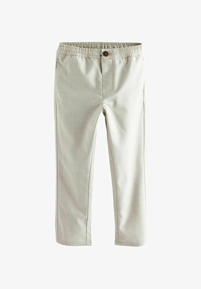 Pantaloni grigi chiari con una cintura elastica, tasche anteriori e un dettaglio a bottone in vita, realizzati in un tessuto testurizzato.