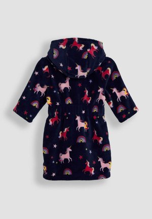 Fleece badjas in marineblauw met een eenhoorn- en regenboogpatroon. Inclusief een capuchon, lange mouwen en een striktaille. Zachte textuur.