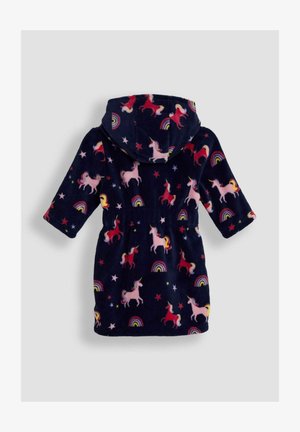 Fliseni badeći ogrtač u tamnoplavoj boji s uzorkom jednoroga i duge. Ima kapuljaču, duge rukave i vezanje u struku. Mekana tekstura.
