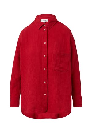 Rood geweven shirt met een button-down kraag, lange mouwen, een voorzak en een ontspannen pasvorm. Kenmerkt zich door een textuur met een kreukelige stof.