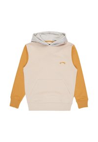 Φούτερ με κουκούλα σε ανοιχτό μπεζ χρώμα στο σώμα, μουσταρδί κίτρινα μανίκια και γκρι κουκούλα. Διαθέτει μπροστινή τσέπη και κεντημένο λογότυπο.