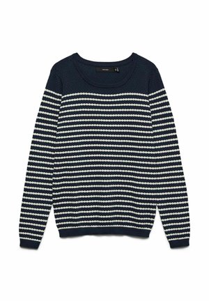 Pull bleu marine avec des rayures horizontales blanches, motif de tricot texturé, col rond et manches longues. Présente des poignets et un ourlet côtelés.