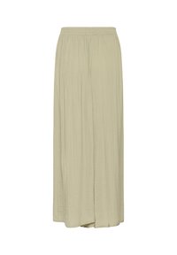 Jupe beige clair, taille haute, longueur cheville, avec des plis souples et une coupe décontractée.