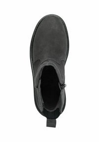 Harmaa mokkanahkainen nilkkuri, jossa on pyöreä nenä, sivulla vetoketju ja teksturoitu sisustus. Kevyt kumipohja.