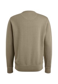 Licht olijfgroen katoen sweatshirt met een ronde halslijn, geribde boorden en zoom, met een soepele textuur en een eenvoudig ontwerp.