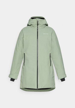 Giacca impermeabile di colore verde chiaro con zip frontale, cappuccio regolabile e due tasche laterali, con dettagli neri su polsini e zip.