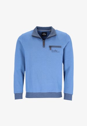 Hellblauer, strukturierter Pullover mit Viertel-Reißverschluss, dunkelblauem Kragen, Bündchen, Saum und einer Reißverschlusstasche auf der Brust mit Logo-Stickerei.