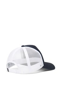 Cappello blu navy con un pannello frontale solido e un retro in rete bianca. Presenta una visiera curva e una chiusura snapback regolabile.