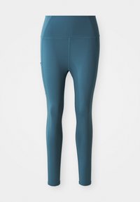 Teal elastiske leggings med en glatt tekstur, høy midje, sidelommer og uten synlige sømmer, designet for trening.
